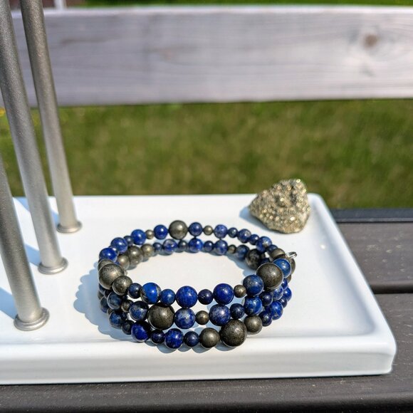 Natural Lapis Lazuli and Pyrite Memory Wire Layer Bracelet - Picture 5 of 14